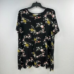 Amaryllis Ditsy Floral Top Womens M Black Stretch Scalloped Church Comfort Work